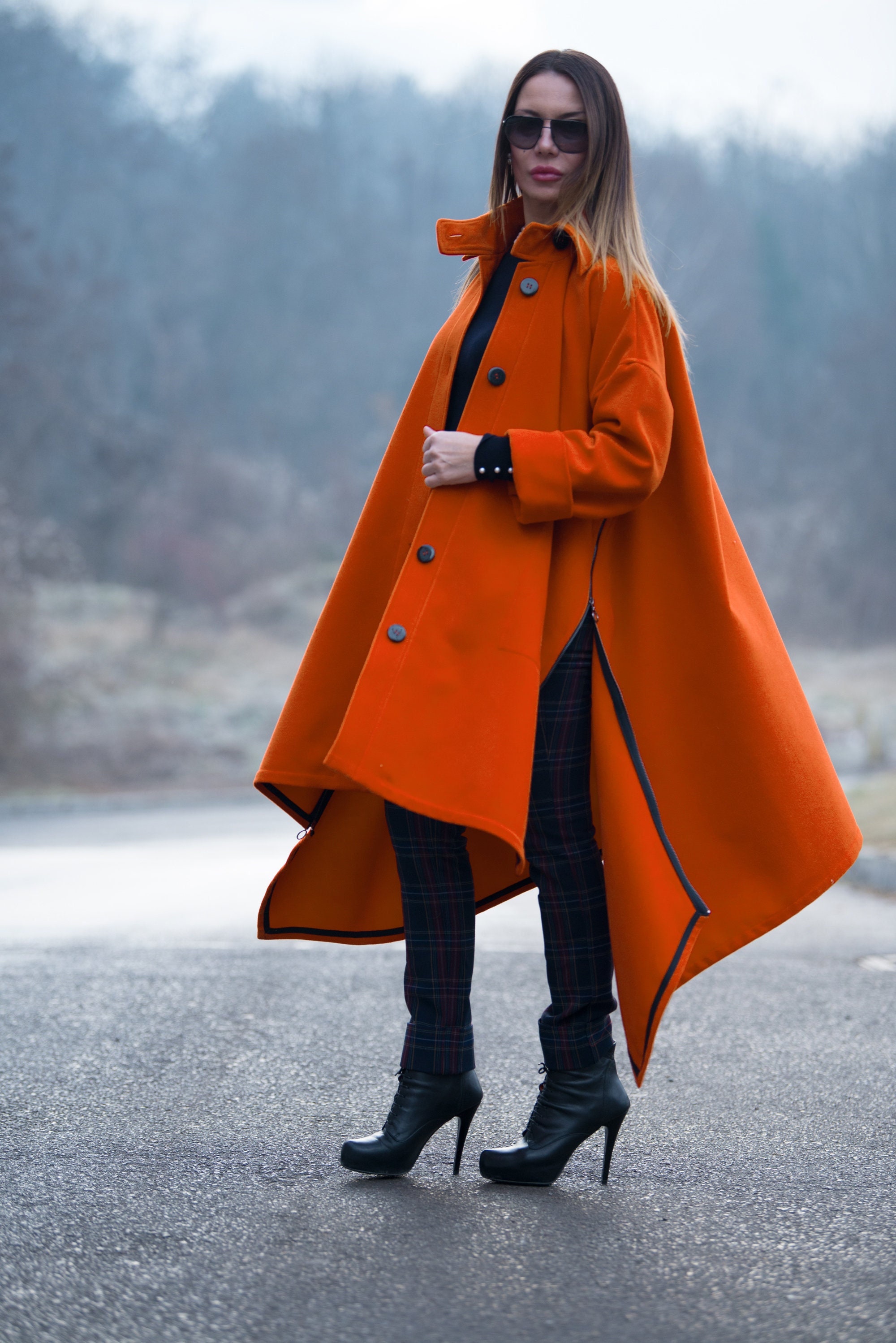 Women Trench Coat, Orange Maxi Asymmetric Zipper Coat, Wool Women Trench Coat, Orange Maxi Asymmetric Zipper Coat, Wool