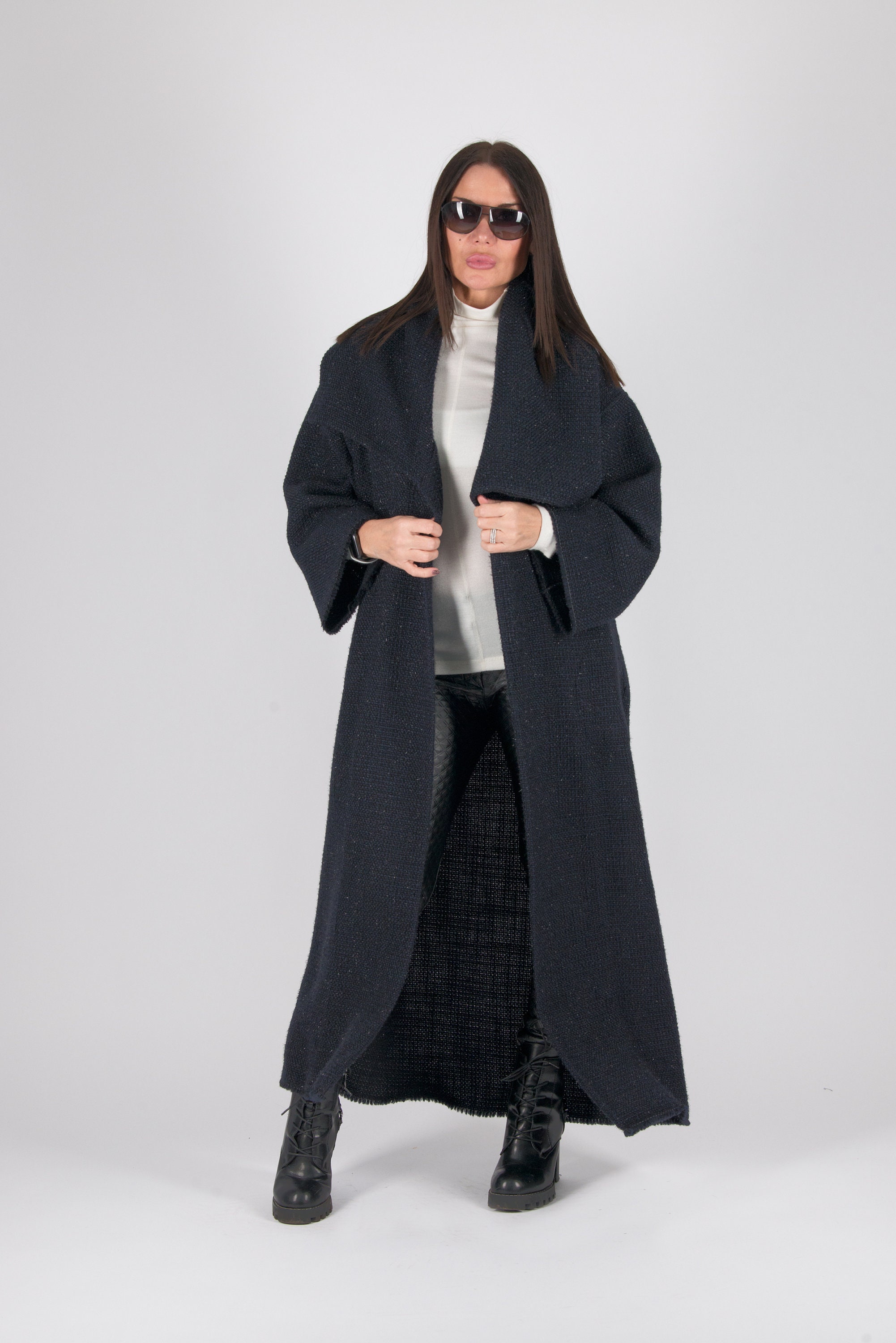 新品eaphi SOFT WOOL TAILOR COAT Navy Blue Wool Coat, Plus Size Coat, Loose Knit Coat, Long