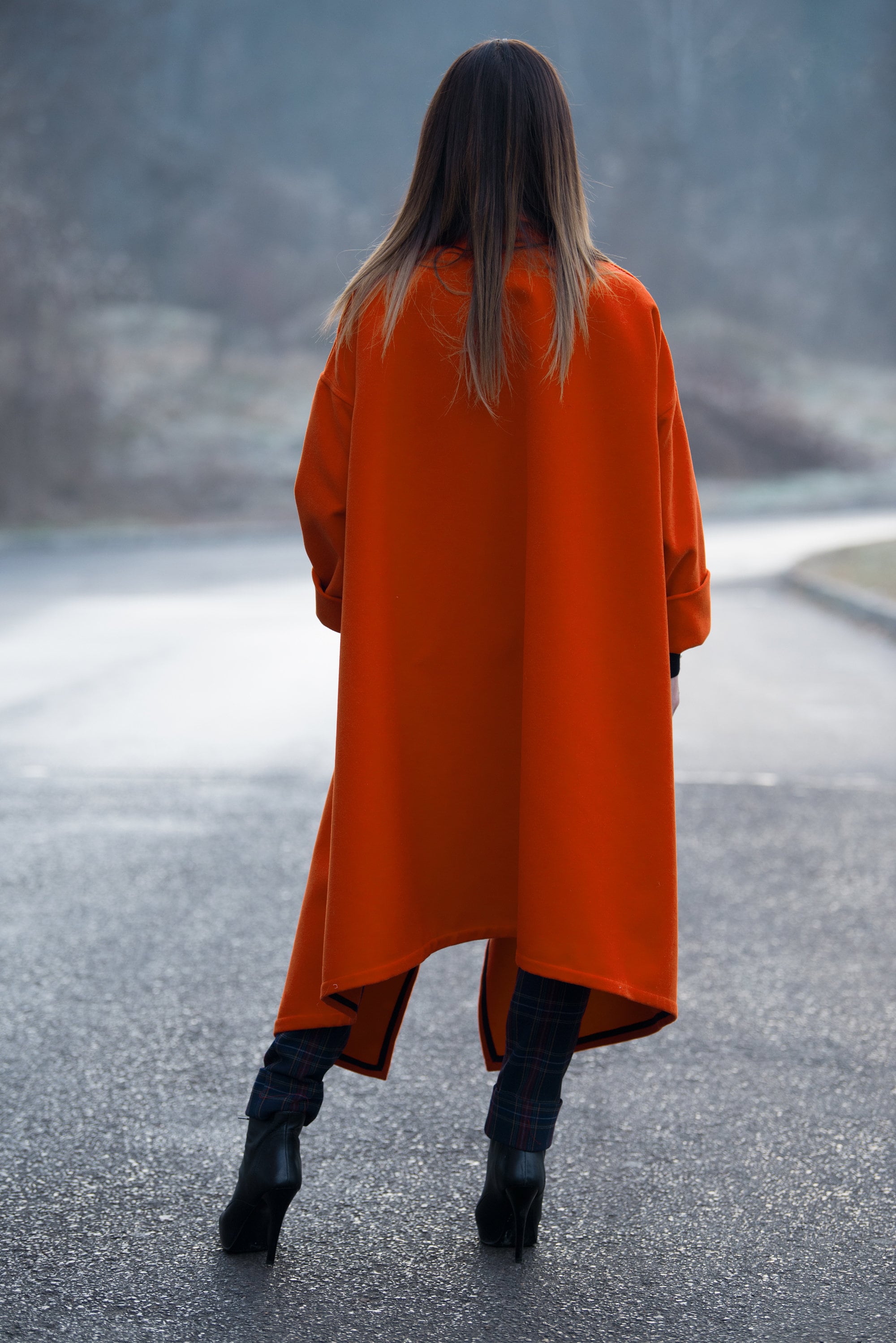 Women Trench Coat, Orange Maxi Asymmetric Zipper Coat, Wool Women Trench Coat, Orange Maxi Asymmetric Zipper Coat, Wool