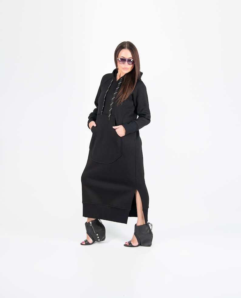 Long shops Sweatshirt Dress, Winter Hooded Dress, Black Maxi Dress, Warm Winter Hooded Dress, Hooded Sweater Dress SUZANA - DR0960W3