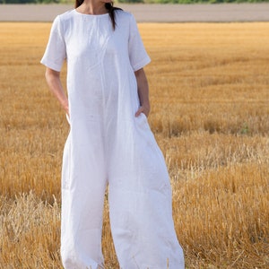 Wide Leg Jumpsuit for Women, White Linen Jumpsuit, Plus Size Romper, Linen Jumpsuit Women, Baggy Plus Size Boho Jumpsuit VALENTIN JP0893LE image 5