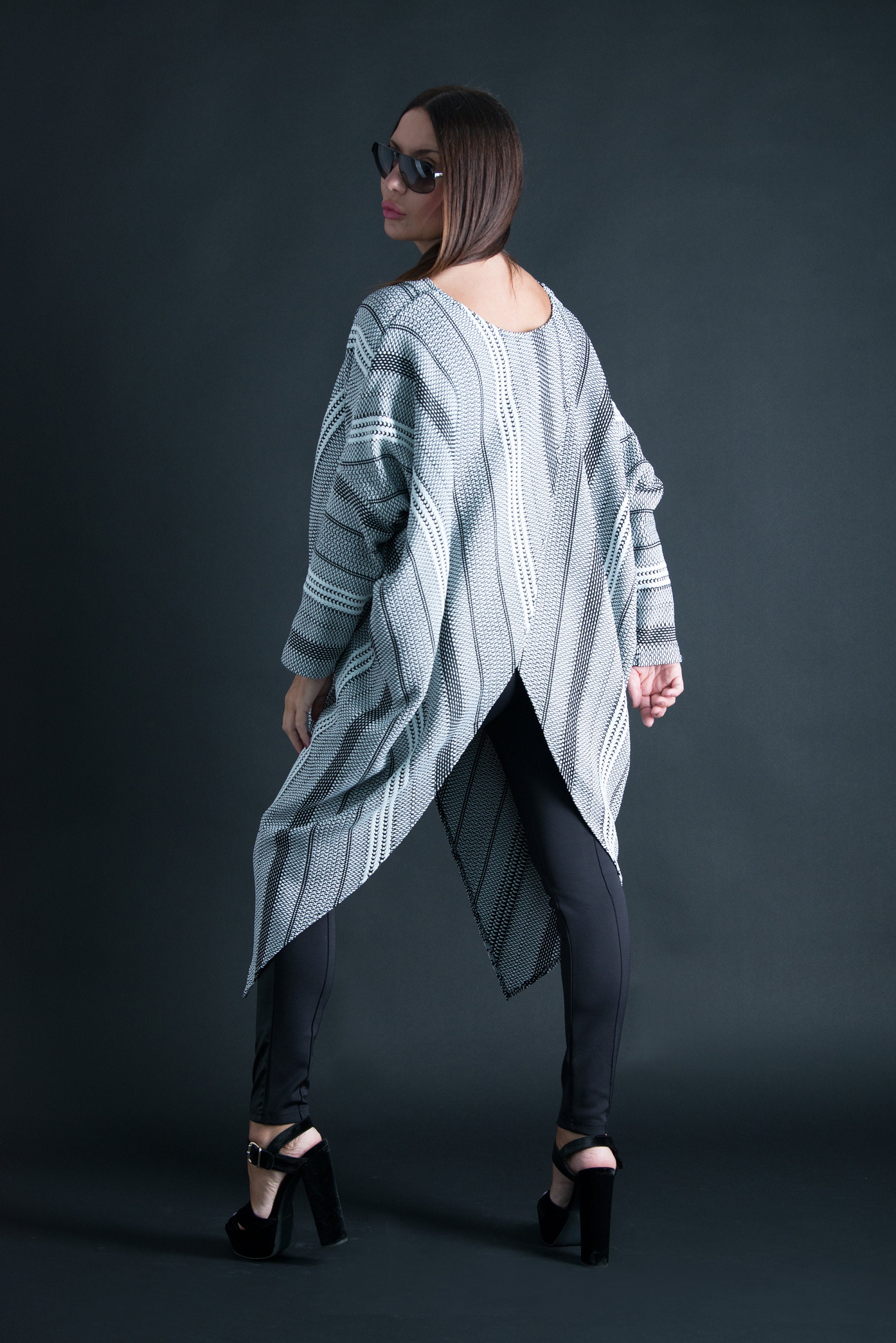 Autumn Cotton Tunic Dress, Black and White Elegant Dress