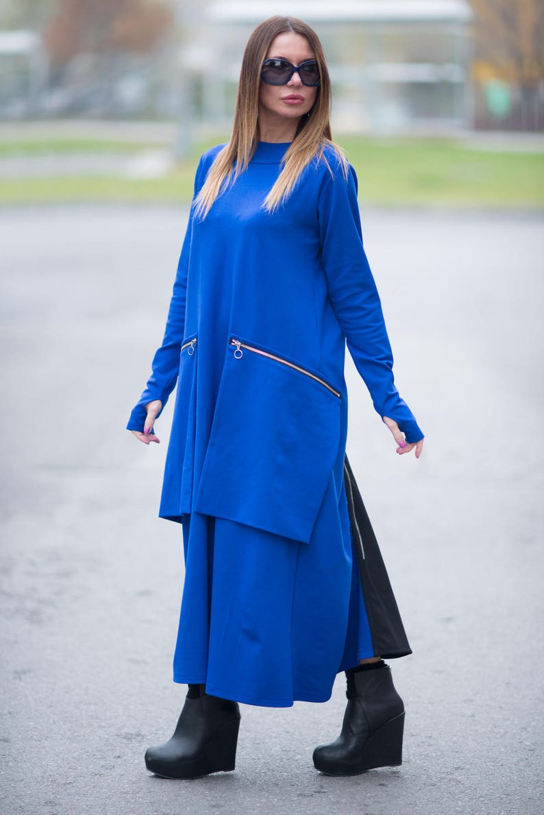Women kaftan dressLong Kaftan dress with Big PocketsBlue Zipper DressMaxi Cotton DressPlus Size Dress women dress by EUG DR0137PM