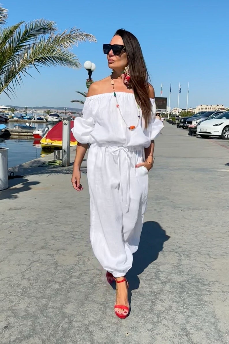 Off Shoulder Jumpsuit Women, Linen Jumpsuit Women, Loose Linen Overalls, Plus Size Prom Linen Jumpsuit, Wedding Jumpsuit BOHEMY JP1086LE White