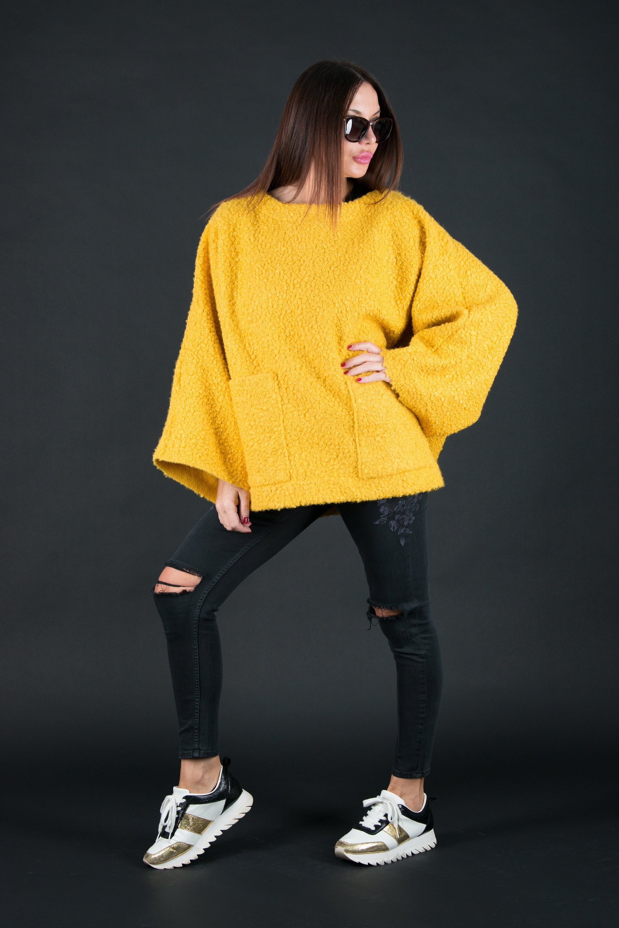 Winter Wool Poncho, Trendy Plus Size Poncho, Plus Size Clothing, Winter Oversize Women Poncho with Two Side Pockets MAGDALENA - PN0424WB