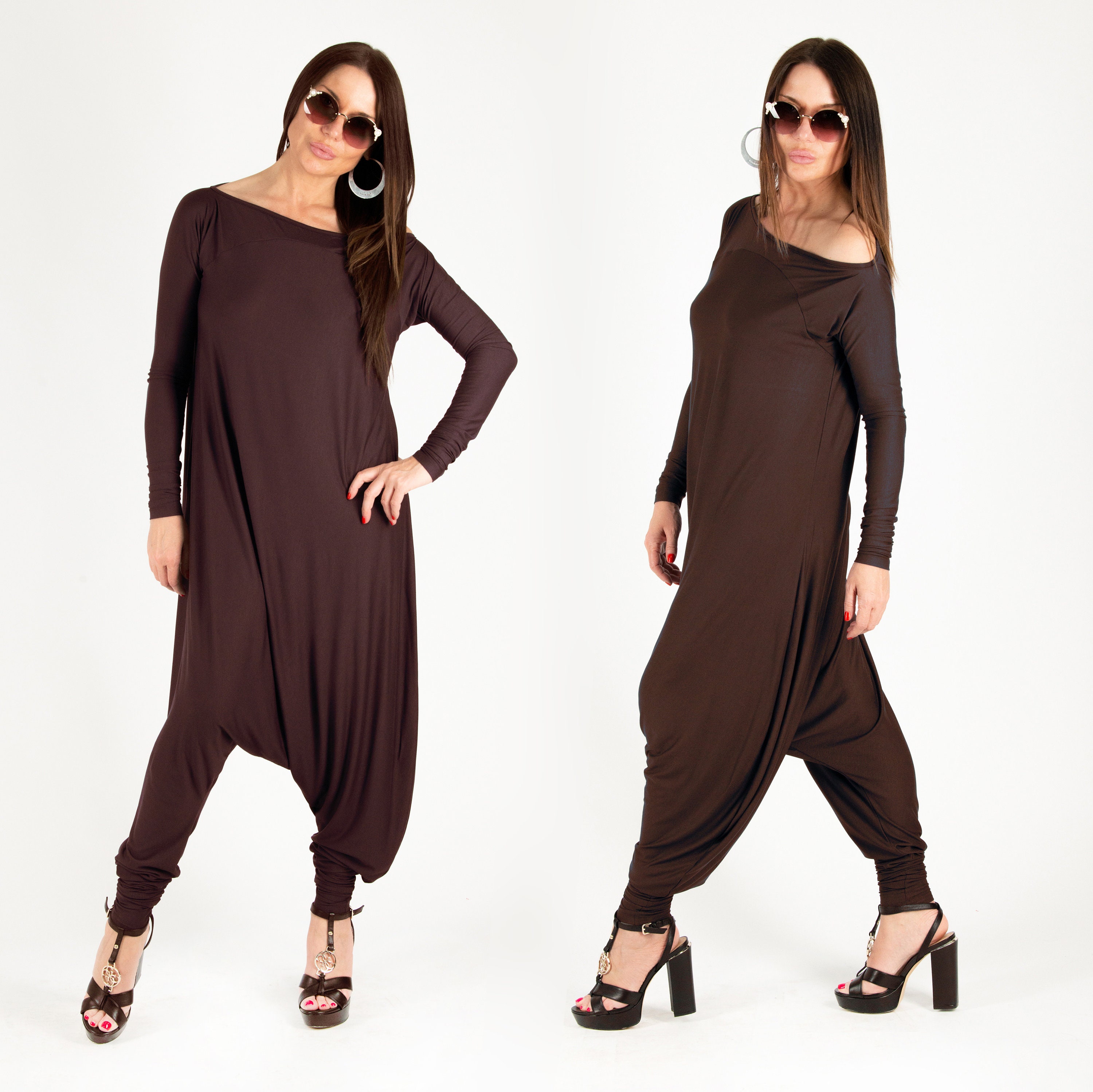Oversize jumpsuit/Casual Dark Brown Cotton Jumpsuit for | Etsy