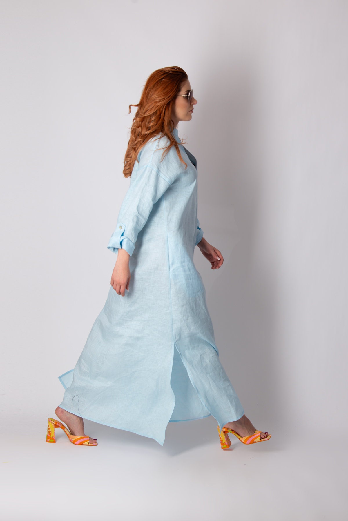 ビンテージ Boho Linen Dress for Women, Linen Kaftan Dress, Summer Linen