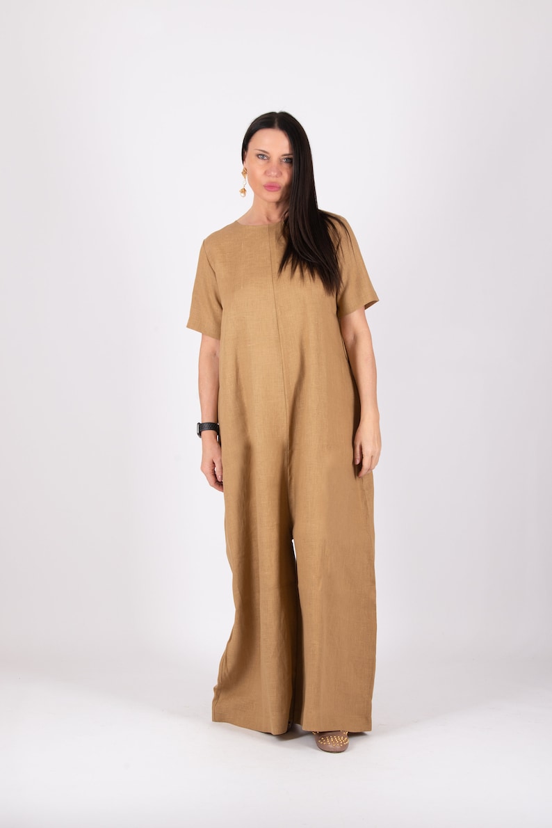 Wide Leg Jumpsuit for Women, White Linen Jumpsuit, Plus Size Romper, Linen Jumpsuit Women, Baggy Plus Size Boho Jumpsuit VALENTIN JP0893LE Beige Sahara