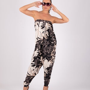 Floral Off-Shoulder Women Jumpsuit, Drop Crotch Harem Jumpsuit ELIF JP0648TR image 6