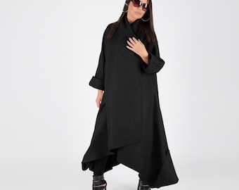 Black Wool Cape Coat, Asymmetrical Hem, loose Winter Overcoat Renata