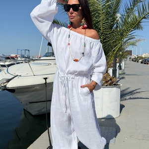 Off Shoulder Jumpsuit Women, Linen Jumpsuit Women, Loose Linen Overalls, Plus Size Prom Linen Jumpsuit, Wedding Jumpsuit BOHEMY JP1086LE image 4