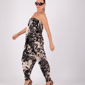 Floral Off-Shoulder Women Jumpsuit, Drop Crotch Harem Jumpsuit ELIF JP0648TR image 4