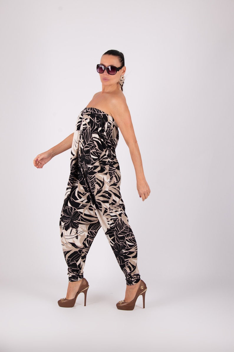 Floral Off-Shoulder Women Jumpsuit, Drop Crotch Harem Jumpsuit ELIF JP0648TR image 4