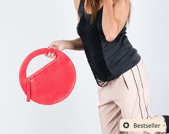 Light Red Round Purse/Round Leather Bag/Women clutch/Genuine Leather Clutch bag for Women/Clutch Bag/Leather Clutch Bag/ BA0869LD