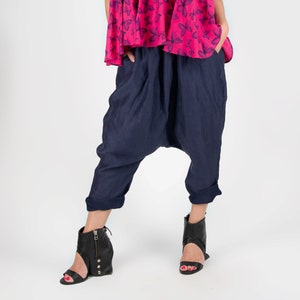 Navy Blue Linen Harem Pants, Drop Crotch Samurai Style
