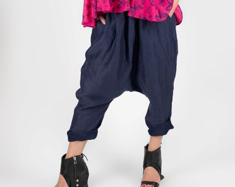 Stylish Linen Drop Crotch Pants, Navy Blue Japanese Pants for Women,  Women's Drop Crotch Pants NIA- PA0997LE *