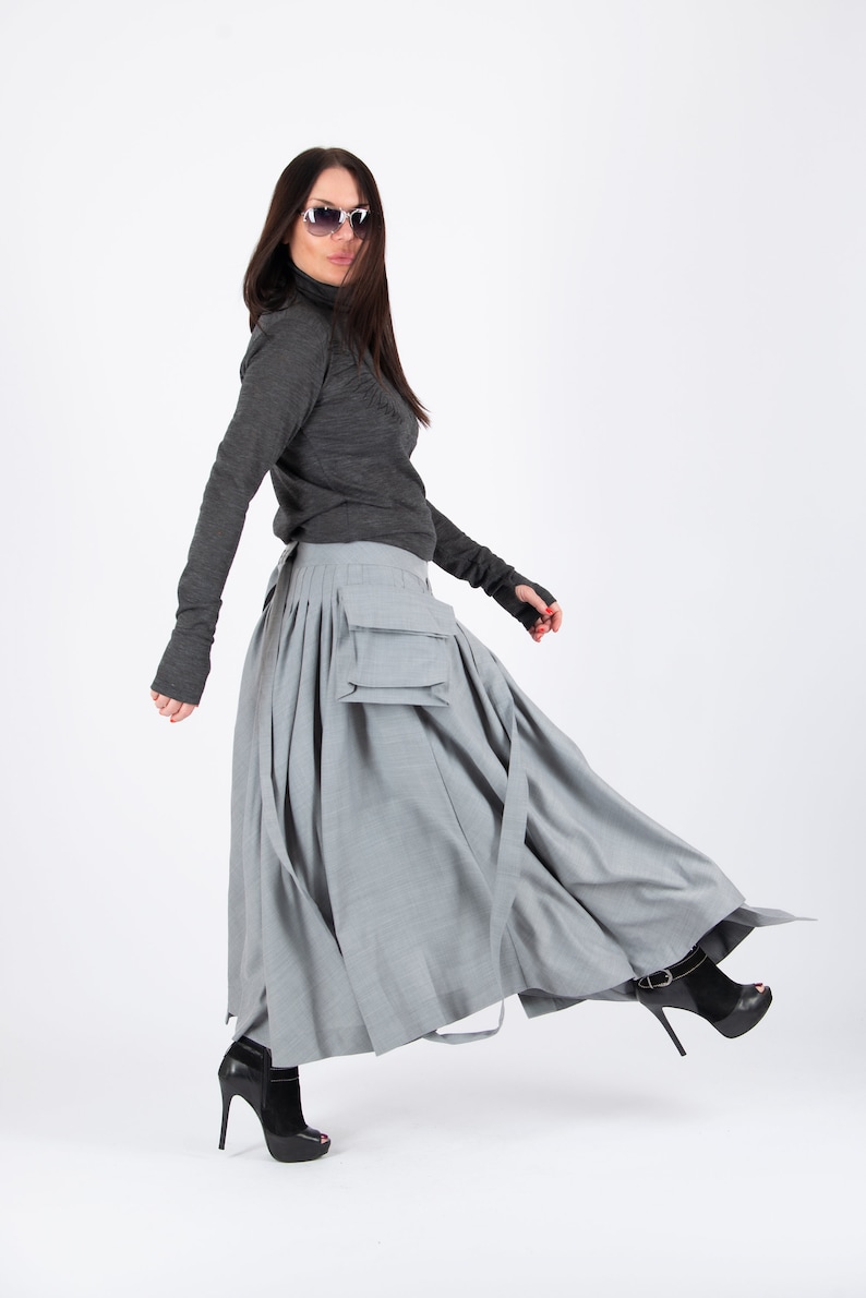 Steampunk Skirt, Women Winter Suspender Skirt with Pocket, Plus Size Steampunk Wool Oversized Skirt, Cyberpunk Skirt, ZEFIRA SK0623CW Light Grey