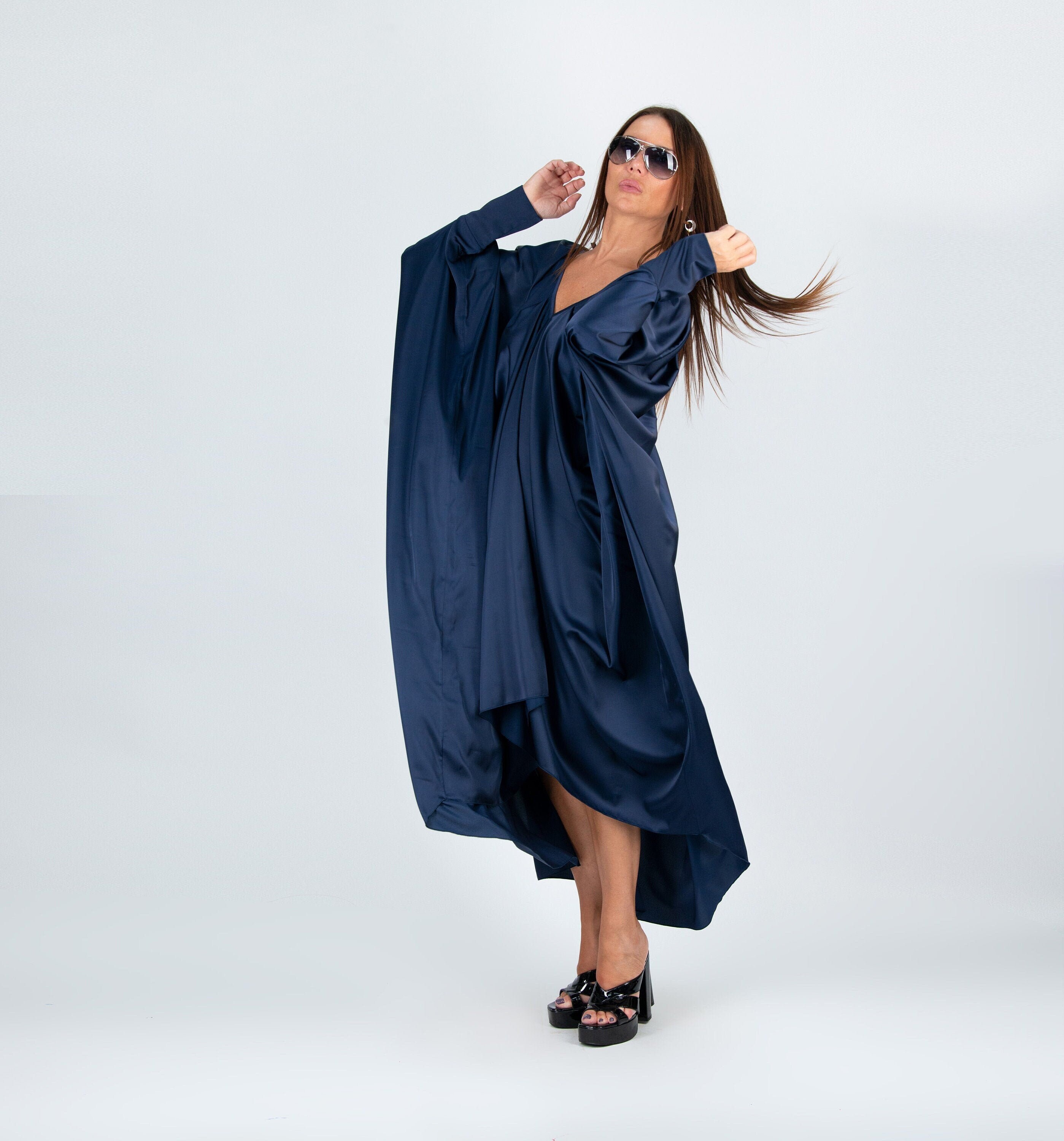 Dark Blue Feminine Dress, V Neck Asymmetrical Dress, Elegant 