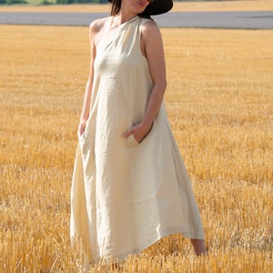 White Linen Dress, One Shoulder Dress, Maxi Dress For Women, White Maxi Dress, Bohemian Dress, Women Maxi Dress TIFFANY DR0236LE Natural