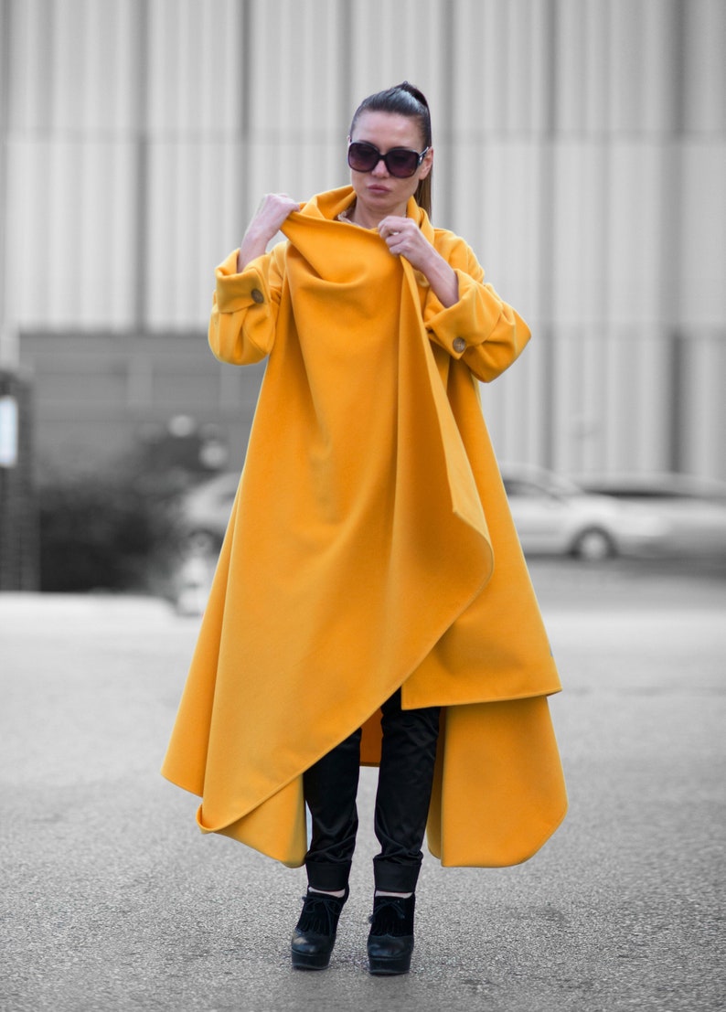 Wool Coat Women, Winter Coat, Cape Coat, Long Wool Coat, Plus Size Wool Coat, Asymmetric Coat, Warm Coat, Minimalist RENATA CT0001CA Mustard ( PICTURE )