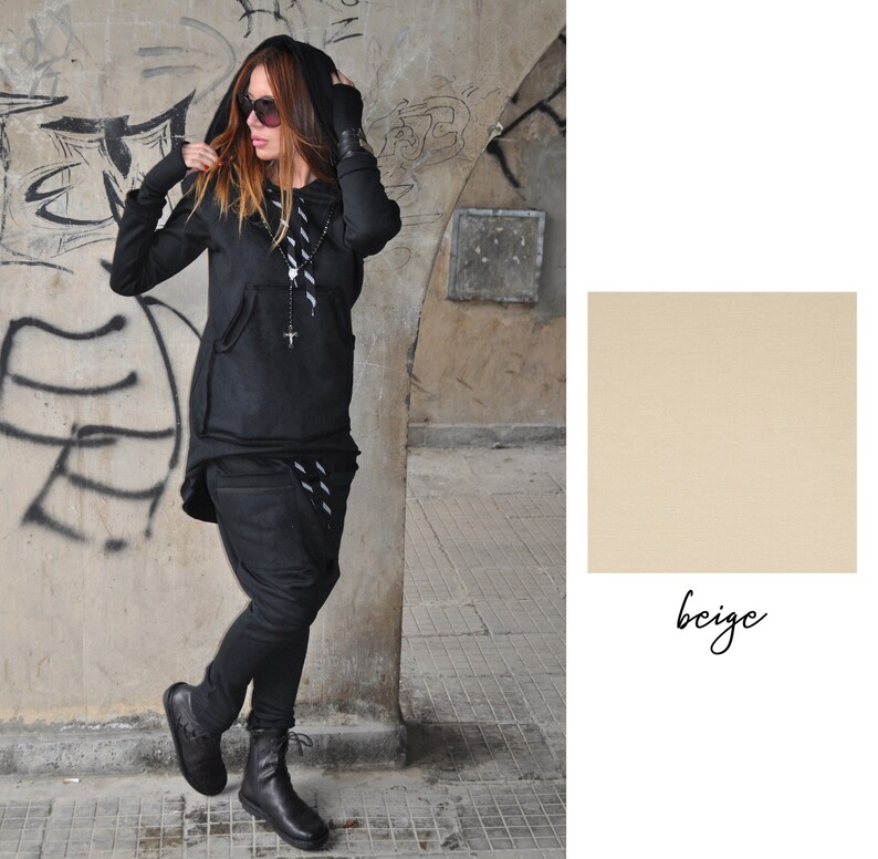 Asymmetrical Streetwear Hoodie, Warm Cotton Winter Sweater, Plus Size Beige