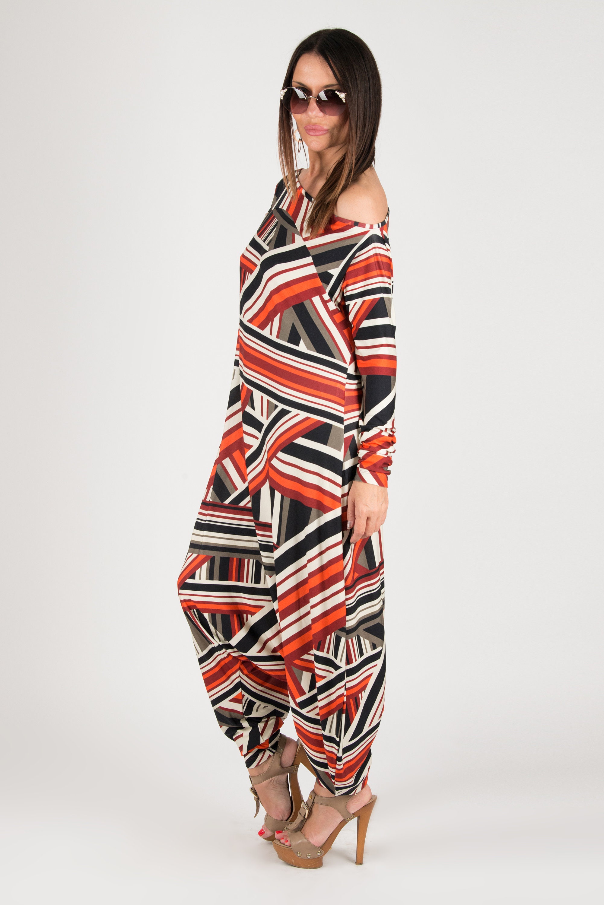 Check jumpsuit/Extra Long Sleeves Stripe Jumpsuit/Cotton Union Etsy