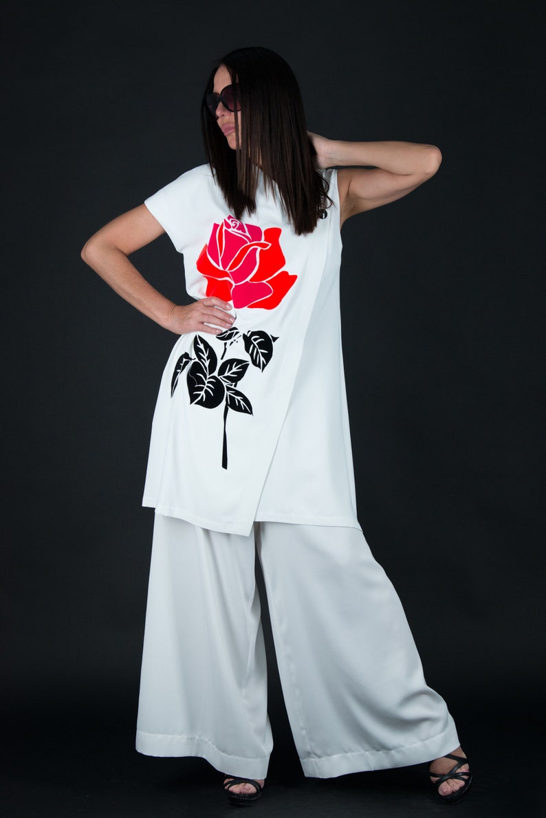Women Set Women Costume Top And Pants Set Plus Size SetSE0572GE White Outfit White Suit Flower Top Plus Size Clothing Wide Leg Pants