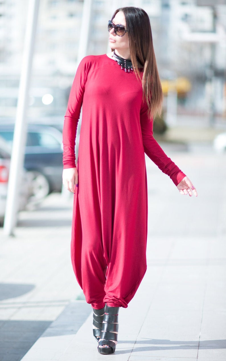Dark Red Round Neck Hijab Jumpsuit WomensDrop Crotch Harem JumpsuitPlus Size Loose JumpsuitCotton Long Sleeve Jumpsuit JP0368TR