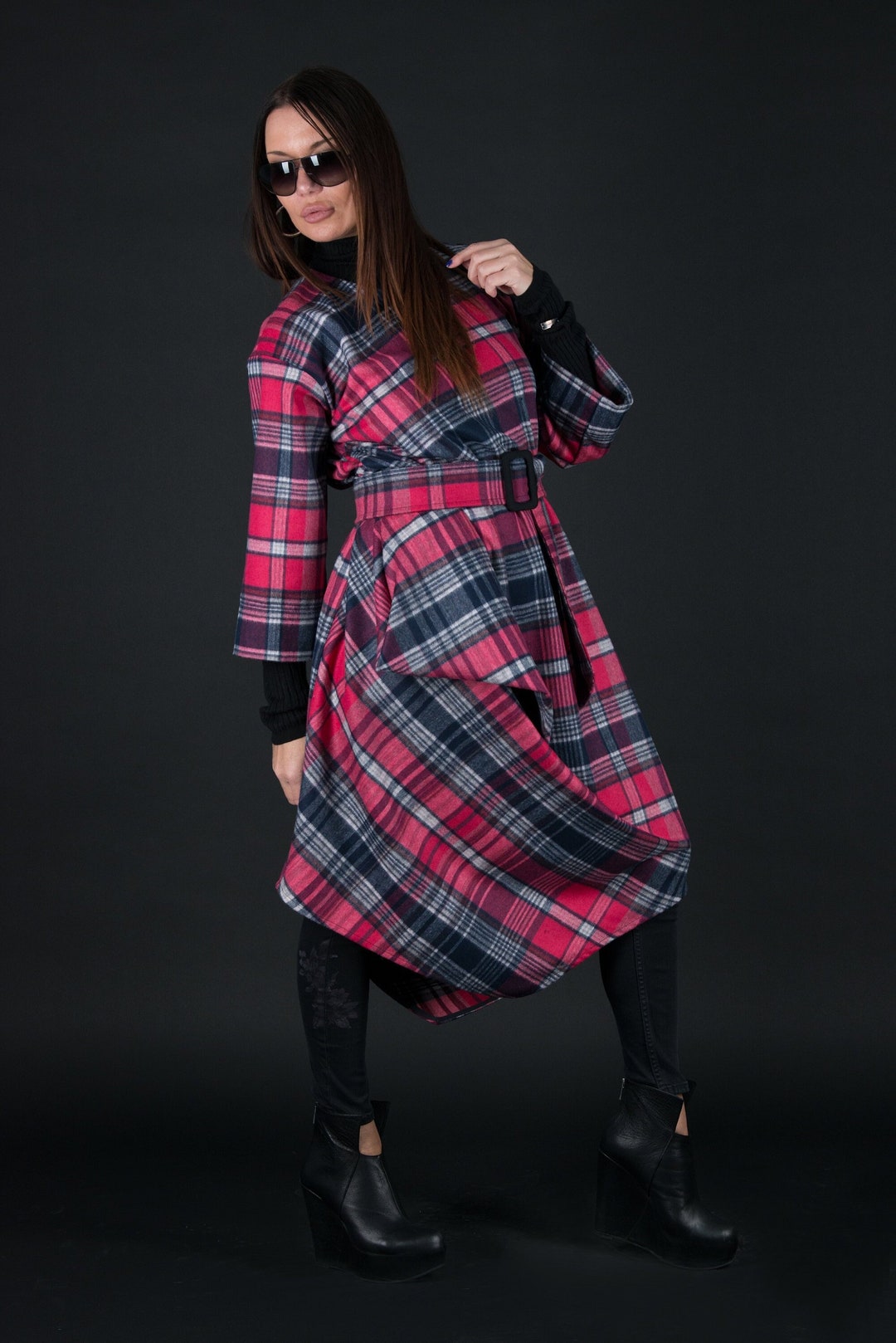 Winter Plus Size Loose Fit Dress, Long Tunic Top, Autumn Check Pink