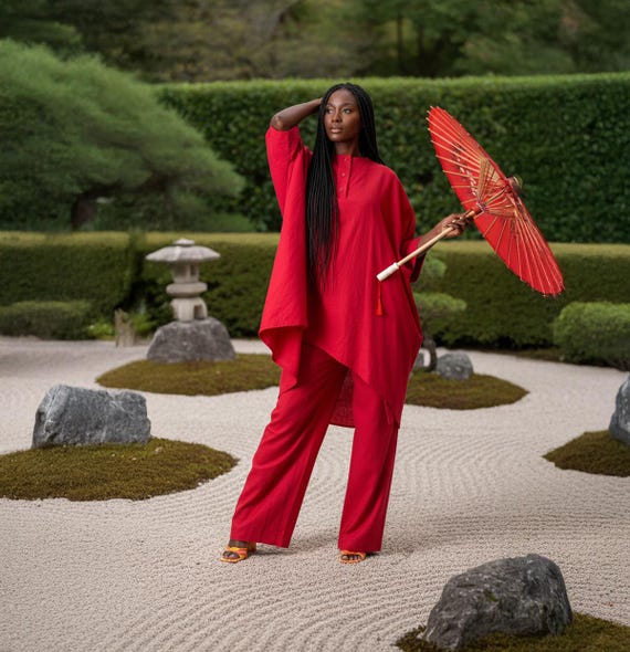 Summer Linen Clothing, Piece Red Linen Set, Women Linen Outfit