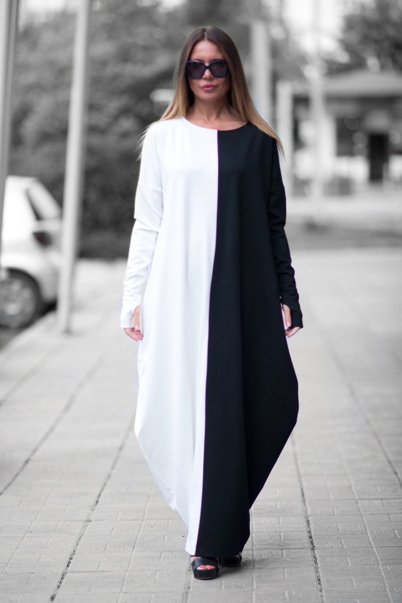 Long Sleeve Dress, Warm Maxi Dress, Maxi Dresses For Women, Black and White Dress, Fall Dress, Casual Plus Size Dress WENDY DR0139PM Black/White