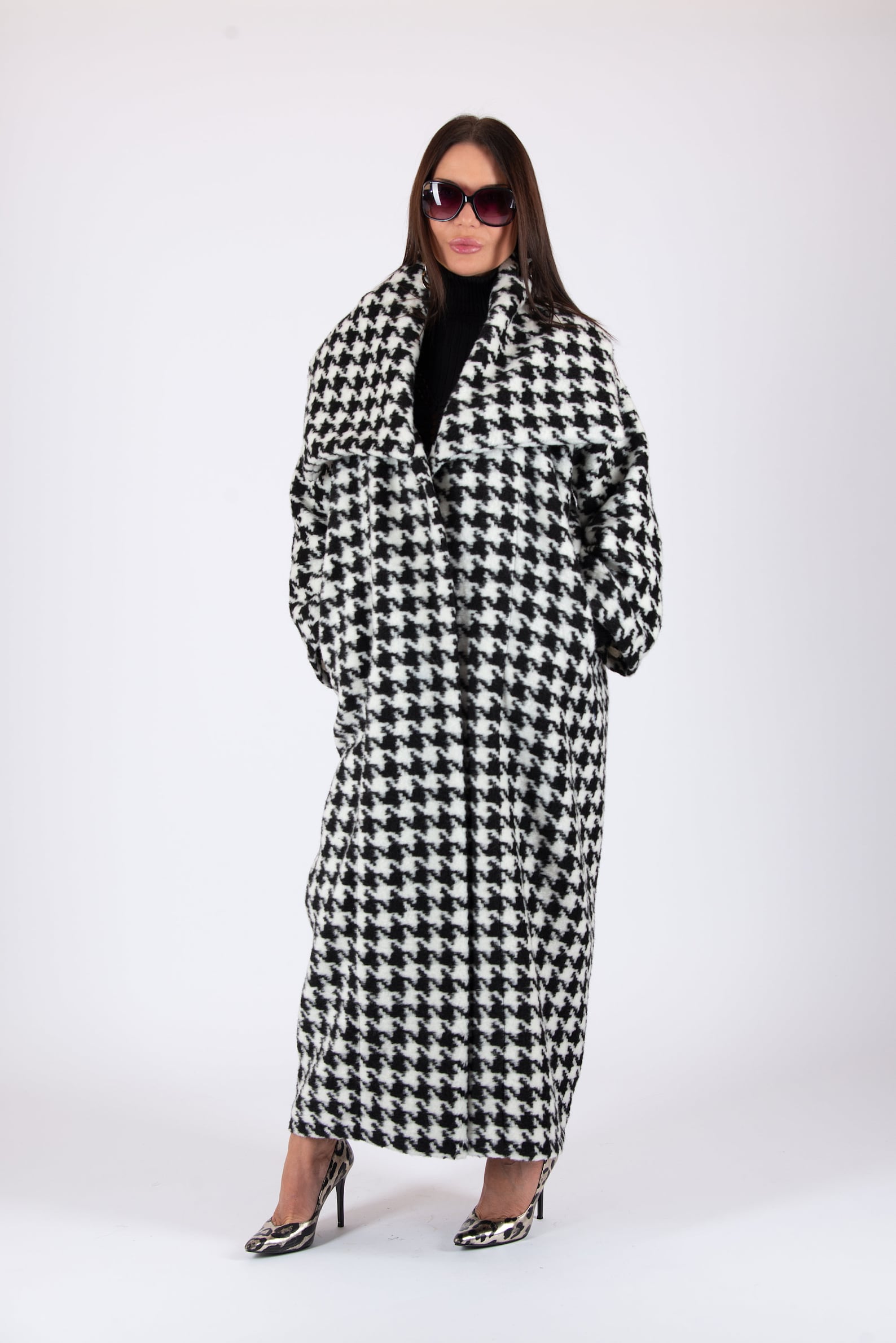 Women Houndstooth Coat Wool Winter Coat Long Cape Coat Wool Etsy