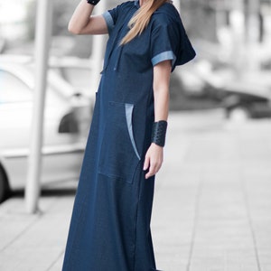 Urban casual Navy blue Denim cotton dress, Long Dress, Loose Casual Dress, Woman Cotton Dress KASANDRA DR0218W2 image 2