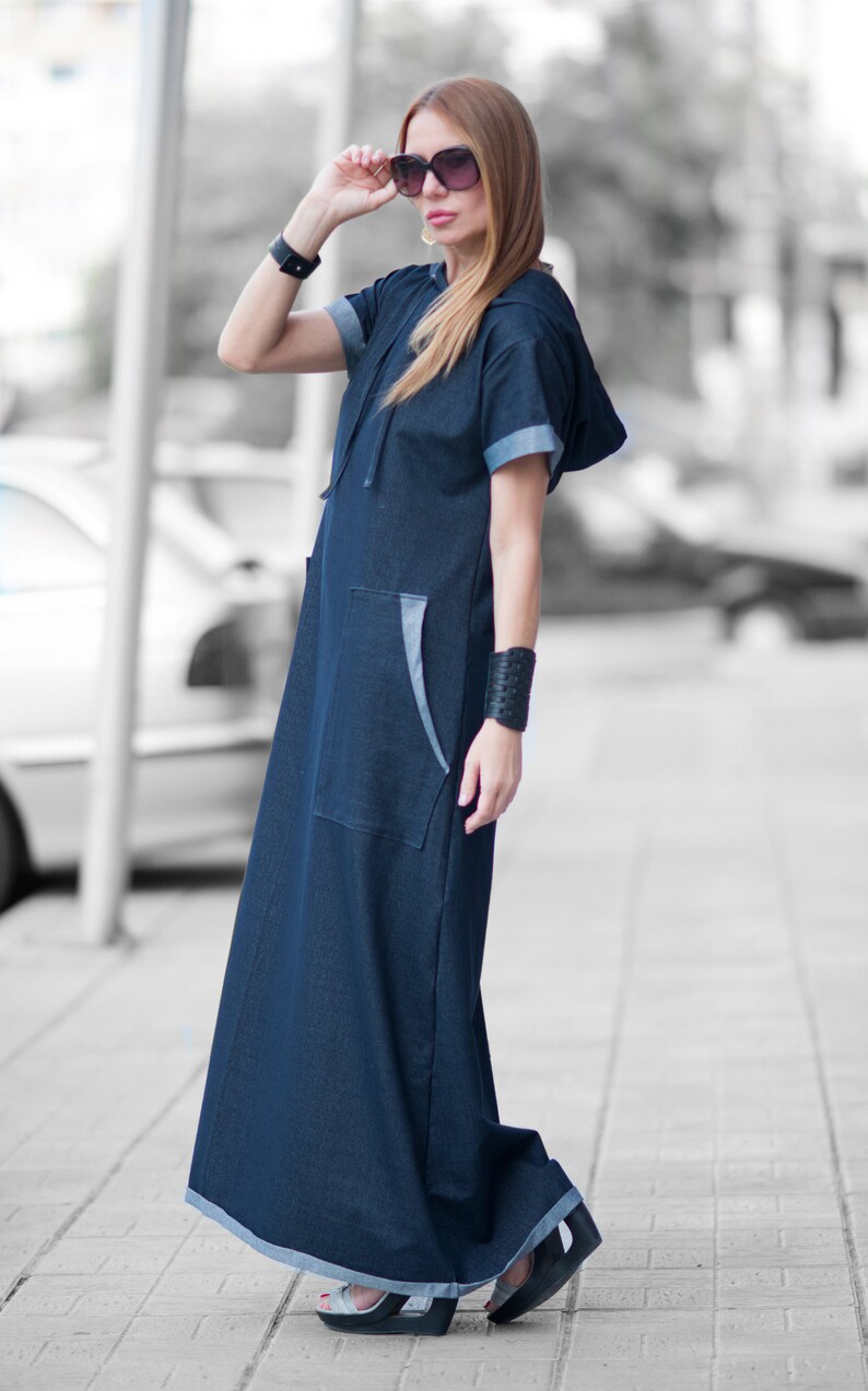 Urban casual Navy blue Denim cotton dress, Long Dress, Loose Casual Dress, Woman Cotton Dress KASANDRA DR0218W2 image 2