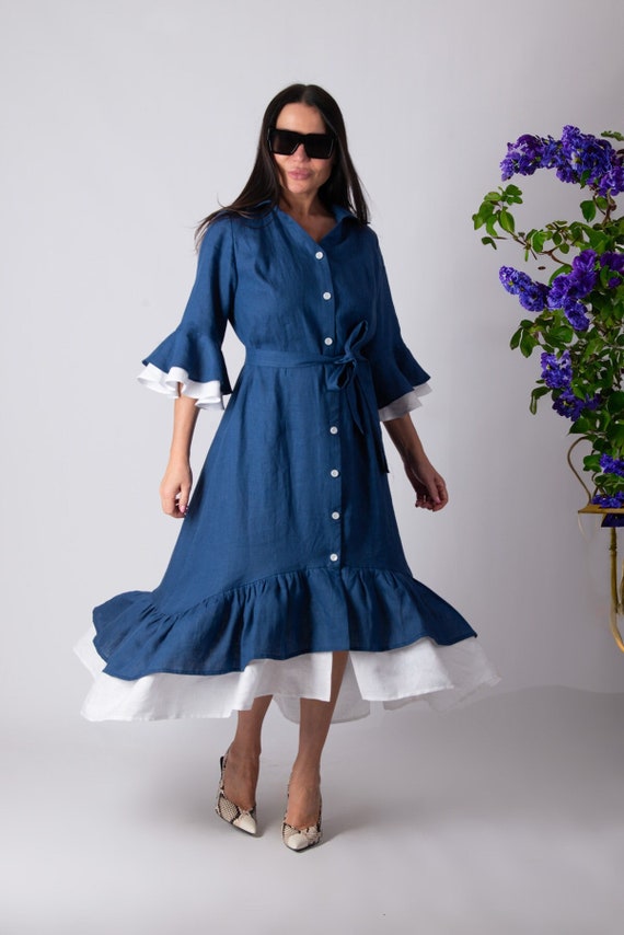 two tone linen dress Two-Tone Linen Dress with Tie Front, Black Onyx Snow Whit