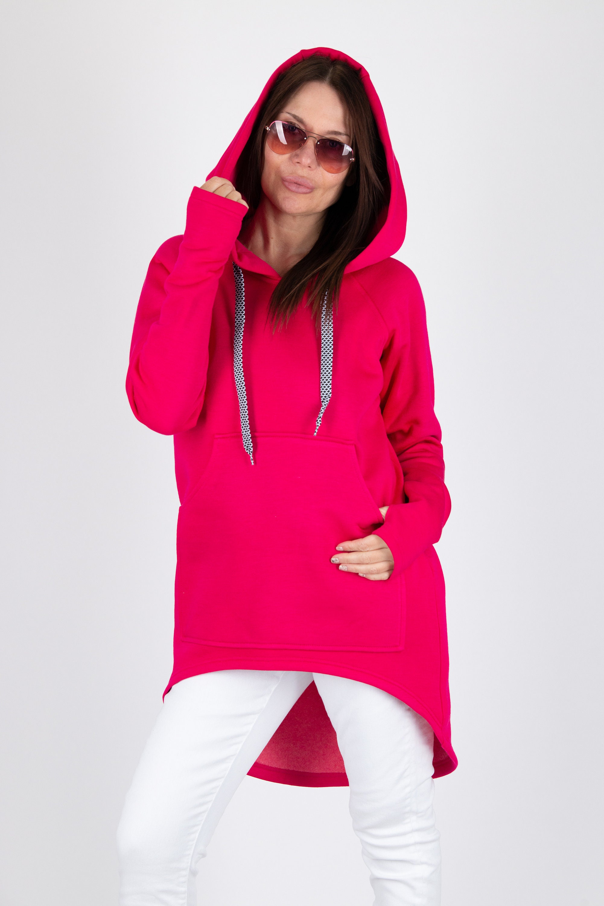 Hot Pink Cotton Asymmetrical Hoodie, Plus Size Sweatshirt