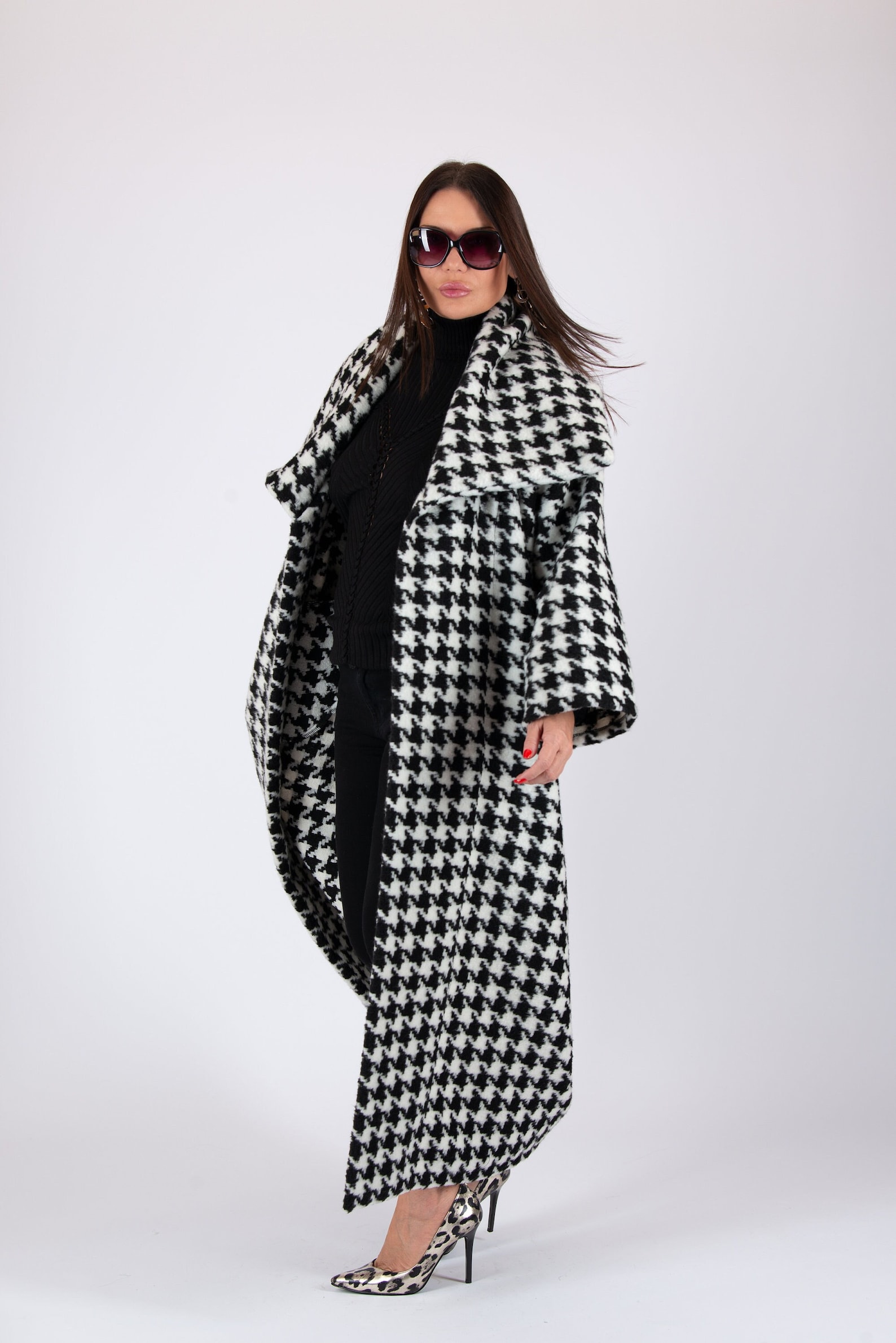 Women Houndstooth Coat Wool Winter Coat Long Cape Coat Wool Etsy