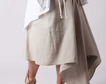Asymmetrical Linen Skirt with Belt, Plus Size A-Line Skirt Misy
