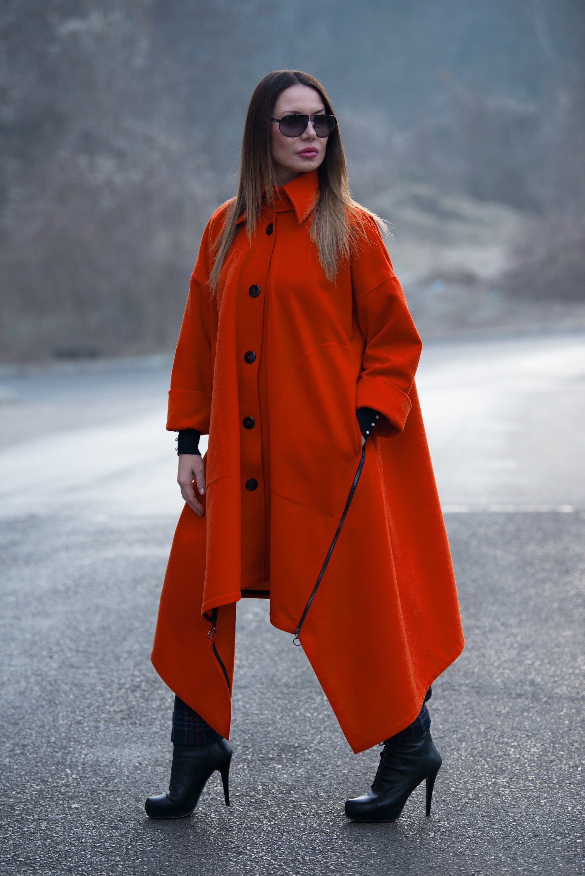 Women Trench Coat, Orange Maxi Asymmetric Zipper Coat, Wool