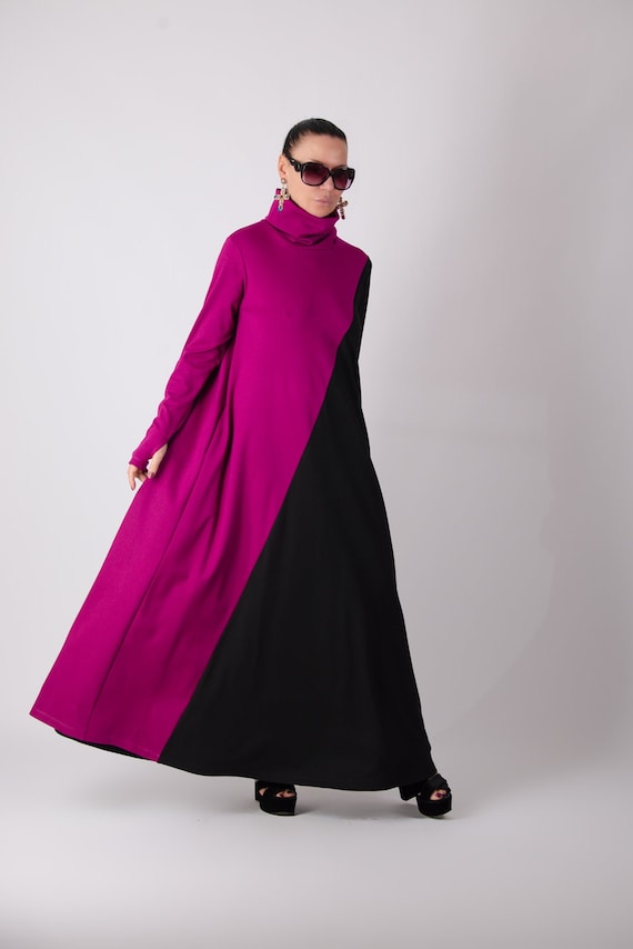 Turtleneck Long A Line Dress Vivian, Black - Fuchsia / M