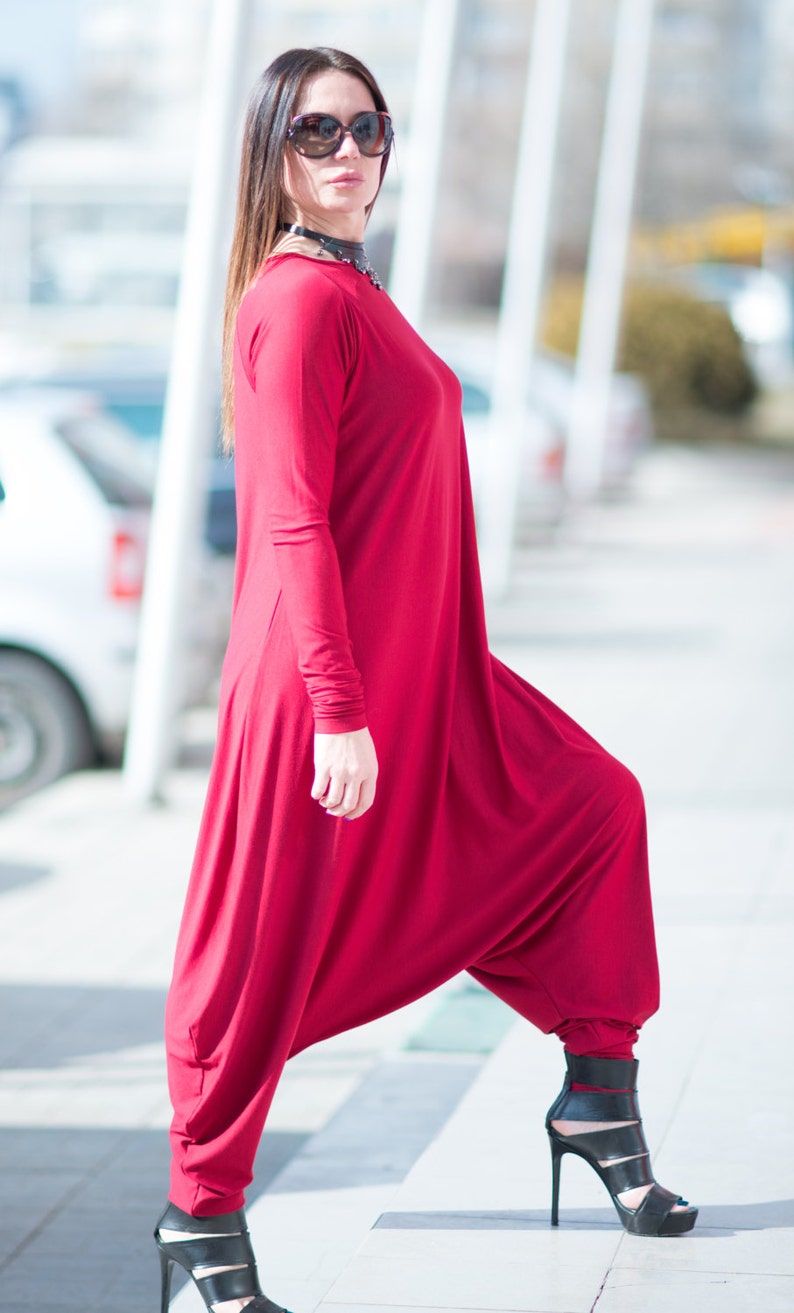 Dark Red Round Neck Hijab Jumpsuit WomensDrop Crotch Harem JumpsuitPlus Size Loose JumpsuitCotton Long Sleeve Jumpsuit JP0368TR