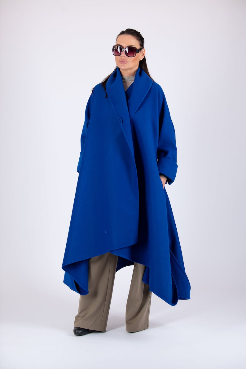 Wool Coat Women, Winter Coat, Cape Coat, Long Wool Coat, Plus Size Wool Coat, Asymmetric Coat, Warm Coat, Minimalist RENATA CT0001CA Turkish blue