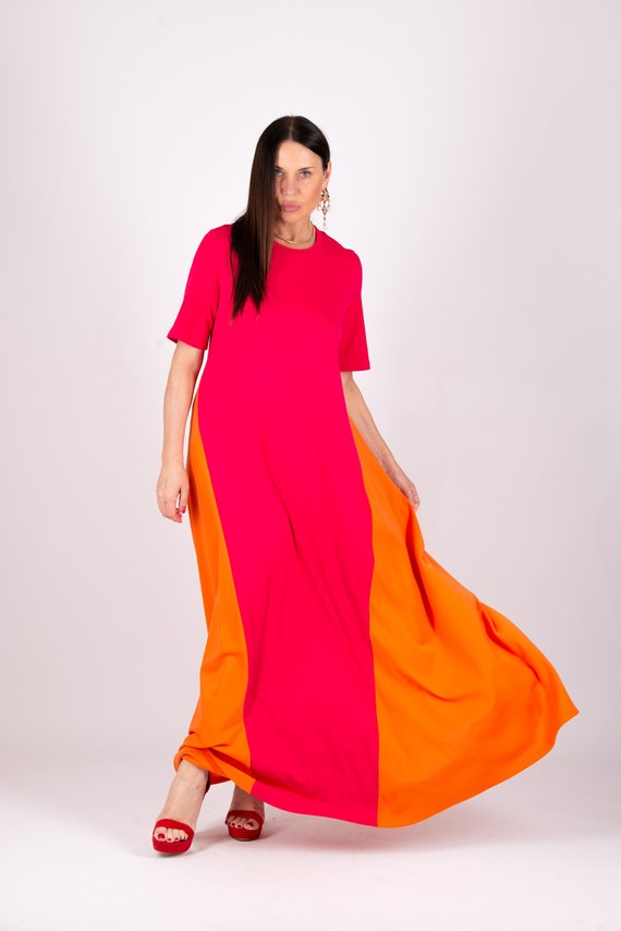 Coral Cotton Maxi Dress, Elegant A-Line Short Sleeve Dress Marta