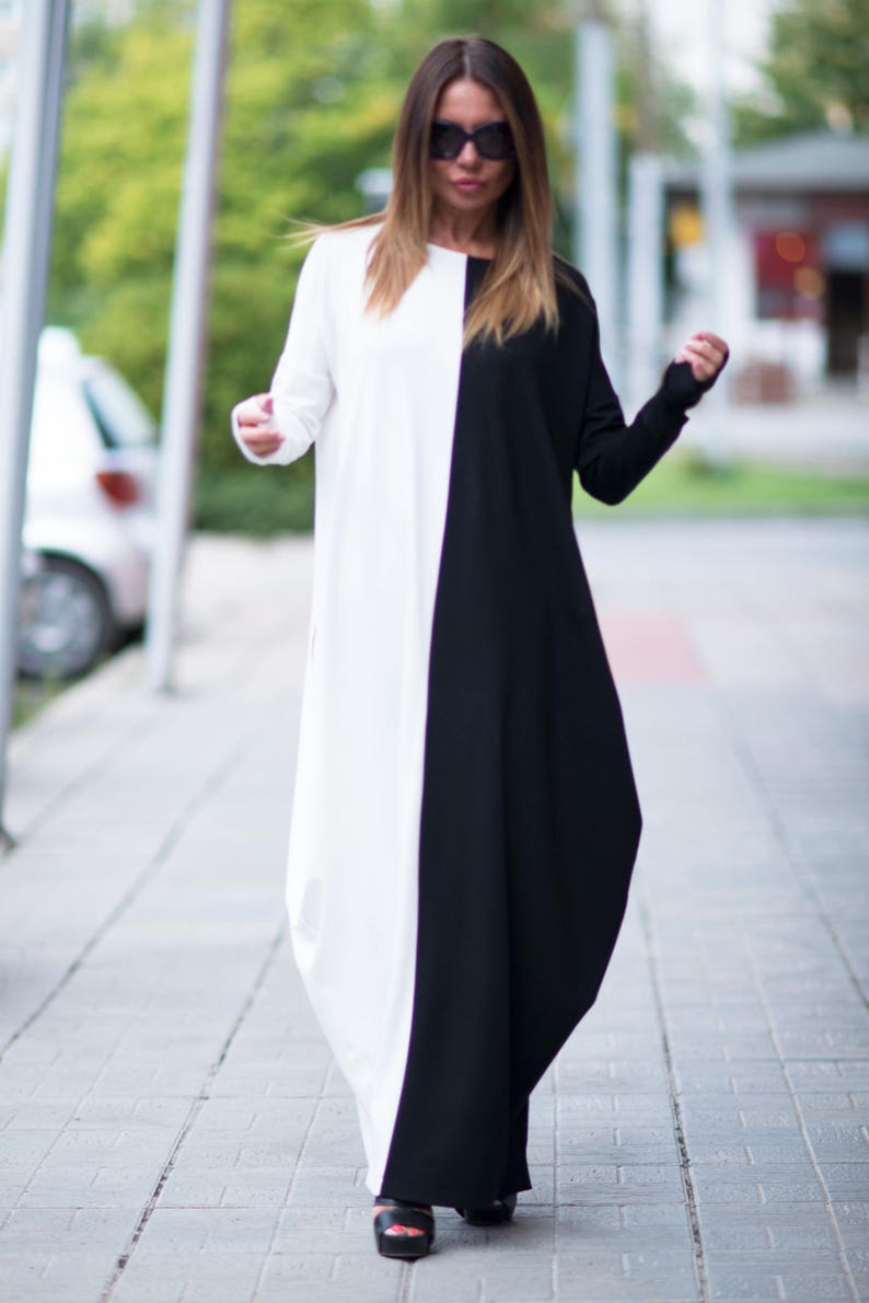 Long Sleeve Dress, Warm Maxi Dress, Maxi Dresses For Women, Black and White Dress, Fall Dress, Casual Plus Size Dress WENDY DR0139PM image 2