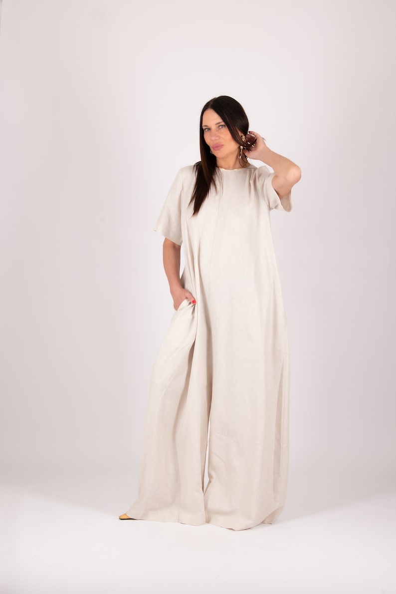 Wide Leg Jumpsuit for Women, White Linen Jumpsuit, Plus Size Romper, Linen Jumpsuit Women, Baggy Plus Size Boho Jumpsuit VALENTIN JP0893LE Natural