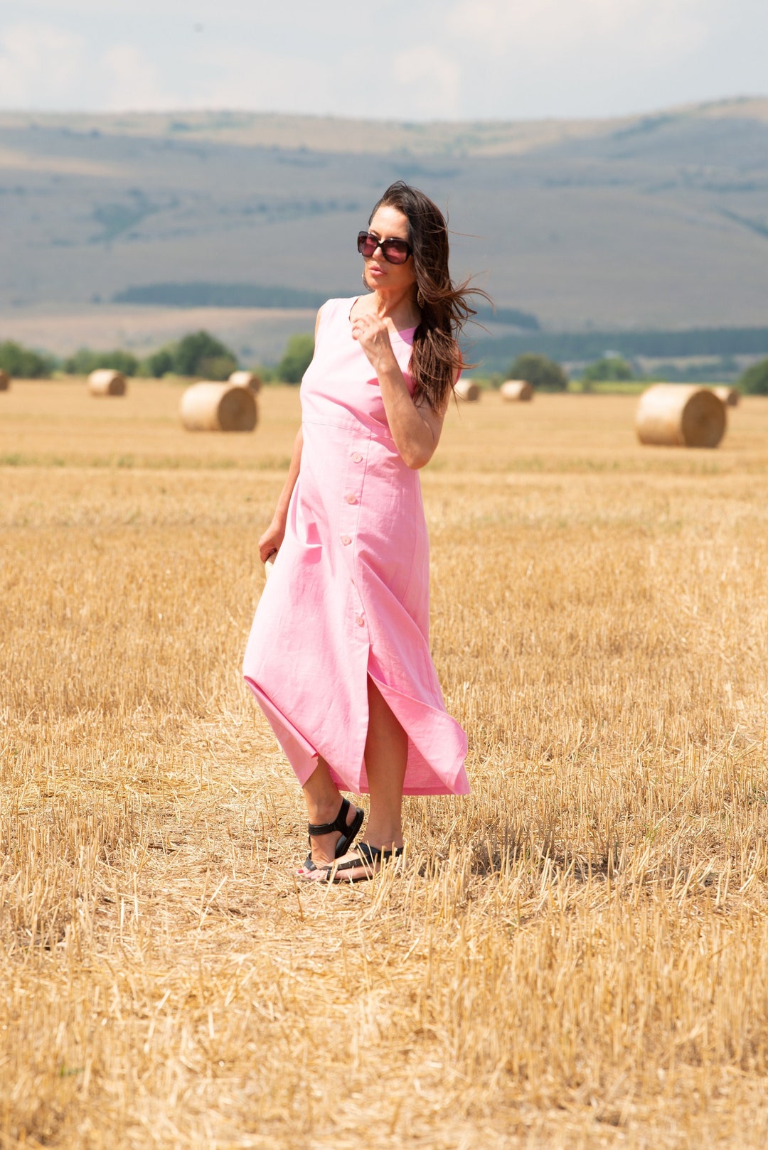Sleeveless Long Pink Linen Dress for Women, Light Pink Pencil Dress