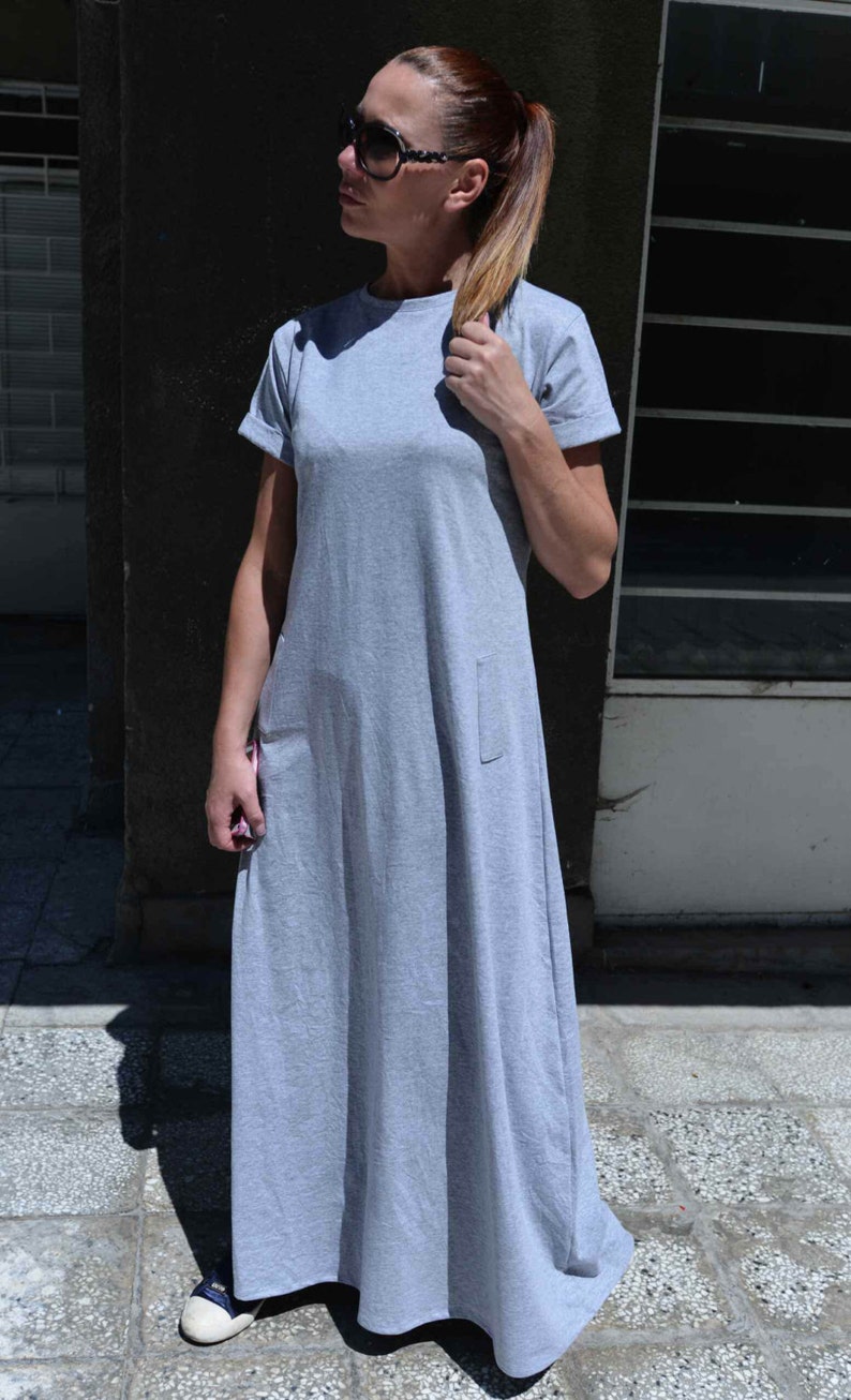 Cotton Maxi Dress, Grey Cotton Summer Dress, Long Dress, Plus Size Loose Dress, Short Sleeve Dress, Plus Size Maxi Dress AMIRA DR0097W2 image 3