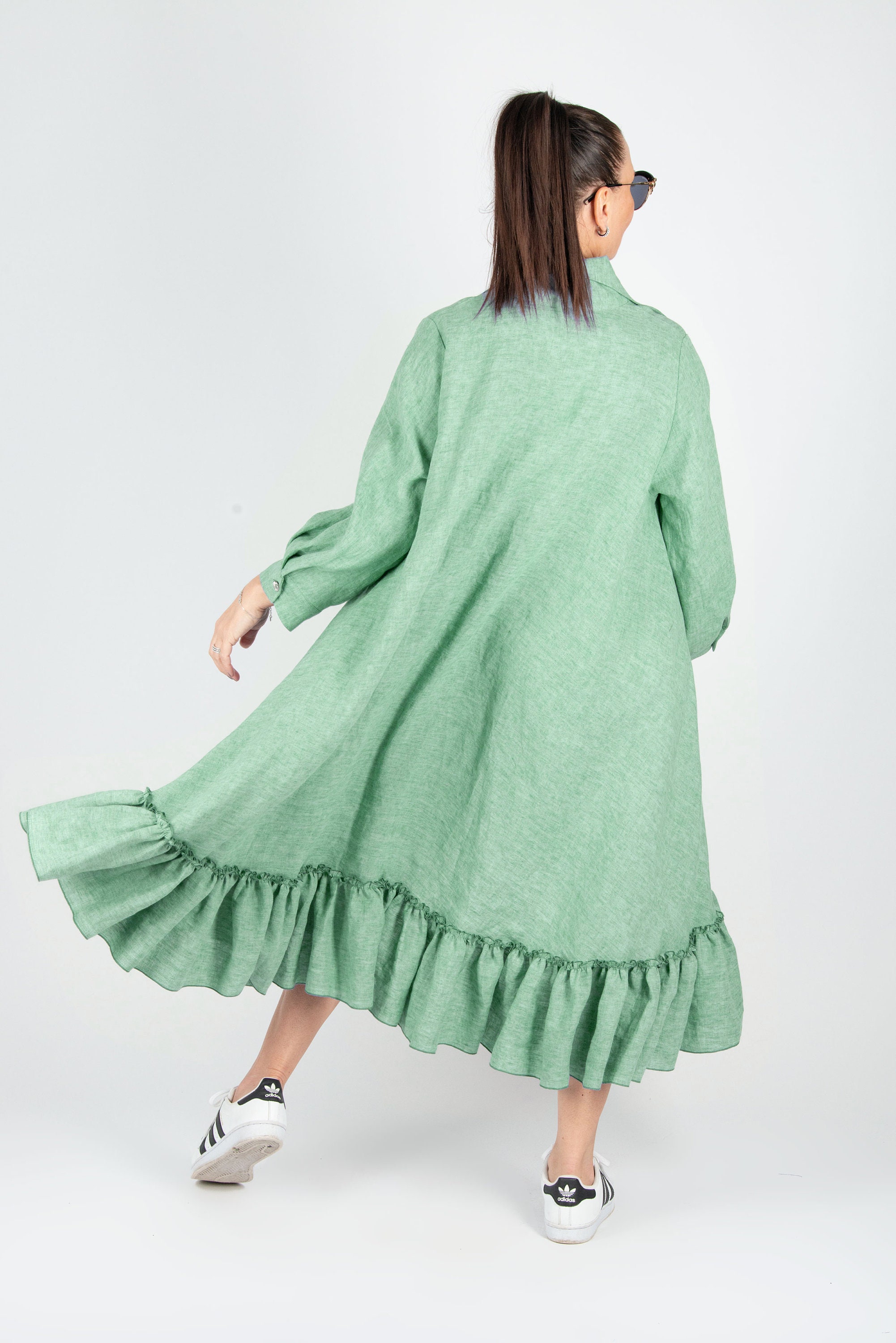 Ruffle Linen Shirt Dress, Pleated Boho Maternity Dress Vanesa Ruffle Linen Shirt Dress, Pleated Boho Maternity Dress Vanesa