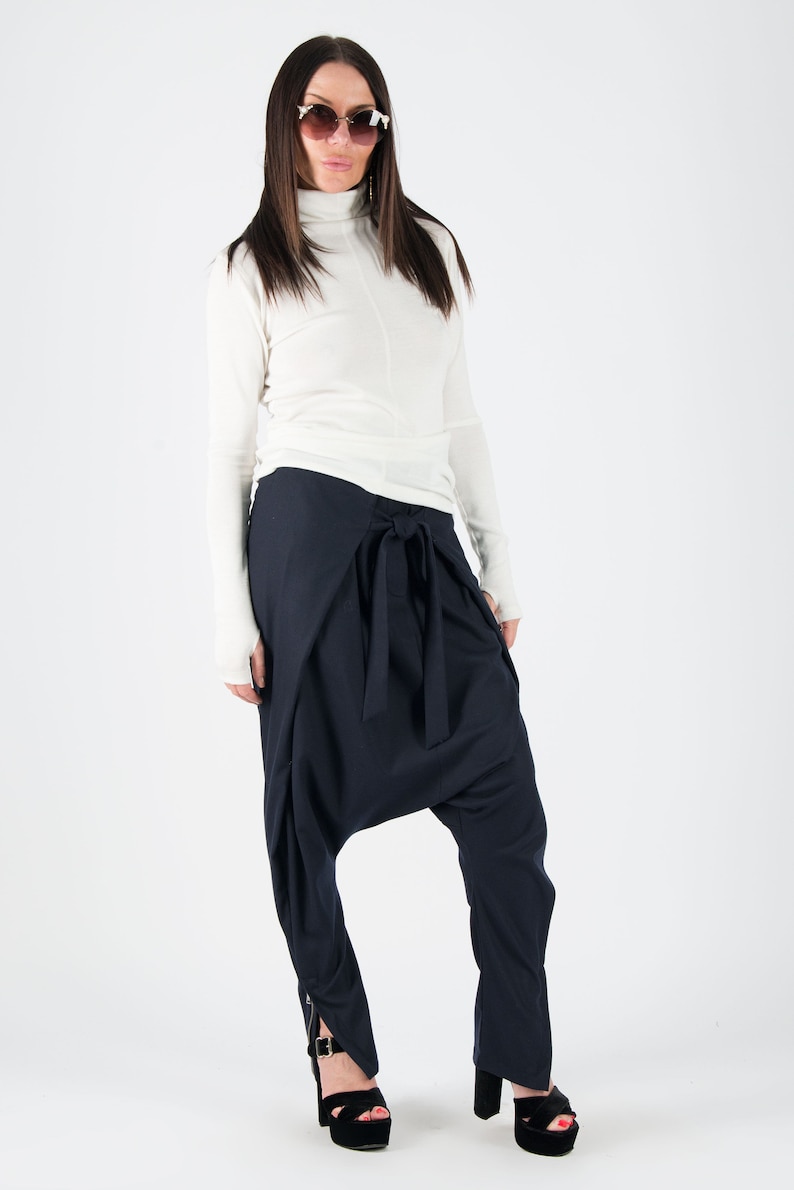 Loose Pants Navy Blue Harem Pants Wrap Pants Avant Garde Clothing Women Wool Pants Plus Size PA0524CW Drop Crotch Pants Urban Pants