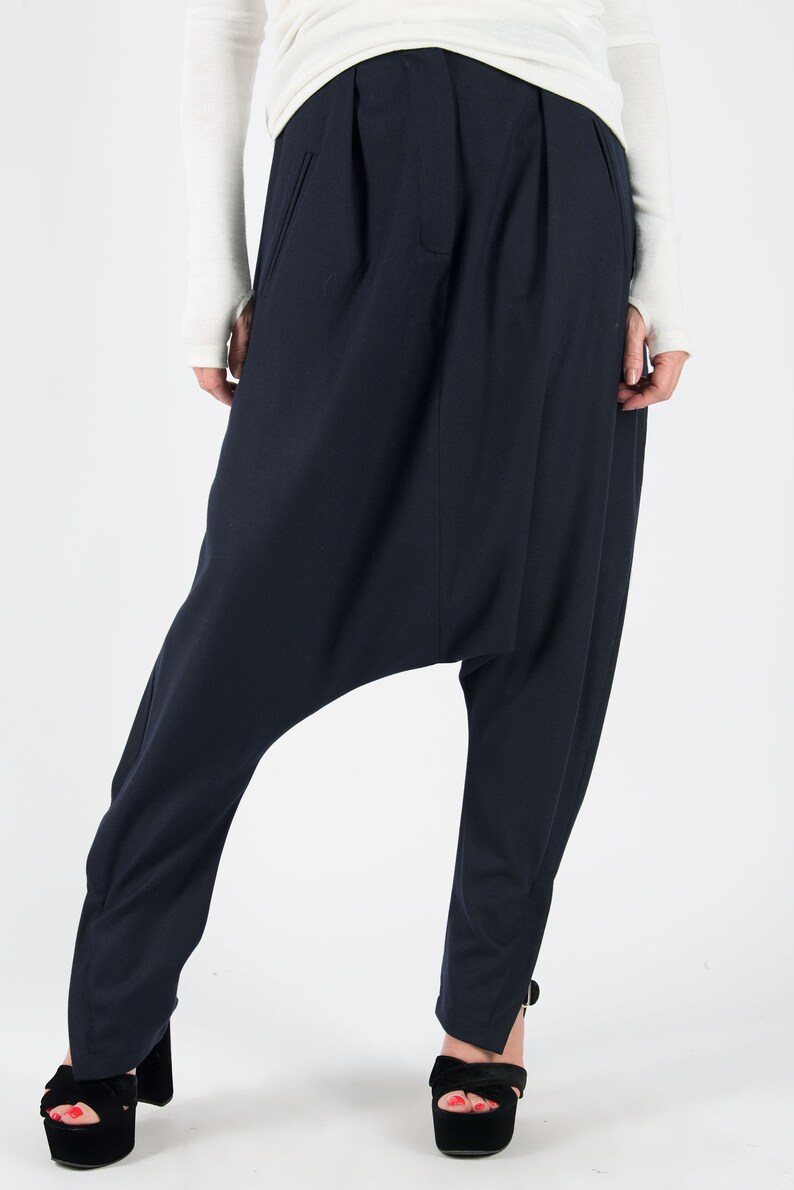 Loose Pants Navy Blue Harem Pants Wrap Pants Avant Garde Clothing Women Wool Pants Plus Size PA0524CW Drop Crotch Pants Urban Pants